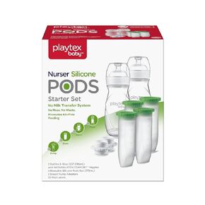Playtex Nurser Bottle Set with Reusable Silicone Pods, 2x8 Oz Bottles, 4x6 Oz Silicone PODS, 2 Breast Pump Adapters - Anti-Colic, Eco-Friendly Baby Feeding Solution