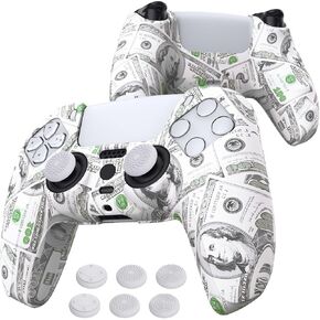 PlayVital Water Transfer Printing Patterned Anti-Slip Silicone Controller Skin for ps5 Controller Cover with 6 Thumb Grip Caps, Soft Rubber Case Protector for ps5 Controller - 100 Cash Money Dollar