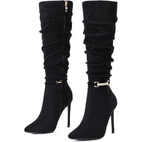 Elisabet Tang Women's Knee High Booties,Faux Suede 4" Stiletto Heel Pointed Toe Knee High Boots Side Zipper Boots Dress Shoes