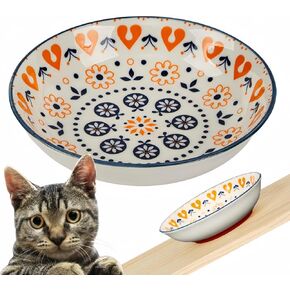 Whisker Fatigue Cat Bowl — 5.5 in Ceramic Cat Bowls, Shallow Cat Food Dish, Cute Flat Cat Bowl, Small Wide Cat Plates for Indoor Cats with Silicone Bottom, Non-Slip and Quiet