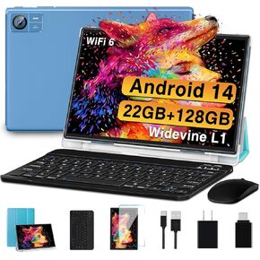 Android 14 Tablet 10.1 inch Tablets 22GB RAM 128GB ROM 1TB Expand, Octa-Core Tablet with Keyboard Mouse Case, Widevine L1, 1280x800 IPS HD Touch Screen, 8000mAh Battery GPS Tablet PC (Blue)