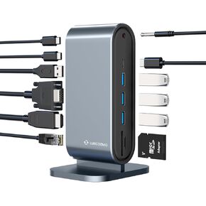 USB3.0 Universal Docking Station with 100W Charging, Dual Monitor for Windows and Mac, USB 3.0 or USB-C (HDMI, 1x USB-C, 4X USB3.0,VGA1080P, Ethernet, Audio, TF/SD Card Reader)