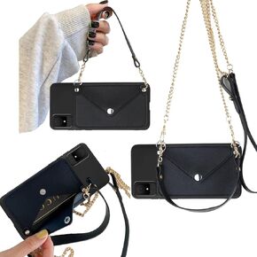 Crossbody Chain Phone Case for TCL K11 T432W, TCL K11 2024 Phone Case with Gold Shoulder Strap Detachable Lanyard, Back Wallet Faux PU Leather Credit Card Slots Holder Purse -Pink