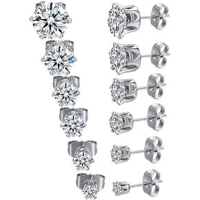 6 Pairs Stud Earrings Set 18K White Silver Plated Round Clear Cubic Zirconia 316L Stainless Steel Earrings for Women for Men 3-8mm