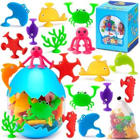 Suction Cup Toys for Kids Bath Toys, 18pcs Ocean Animal Suction Bath Toys with Eggshell Storage,Mold Free Bath Toys Toddler Sensory Toys for 3 4 5 6 7 Year Old Boys Girls Travel Toys Gifts