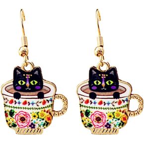Black Cat Earrings Gold Plated Funny Cute Enamel Coffee Cup Catoon Kitten Animal Pet Lightweight Kawaii Dangle Drop Earrings for Women Teen Girls Animals Lover Holiday Fashion Jewelry Gifts