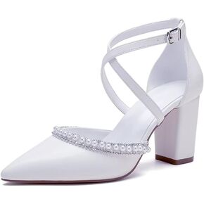 Block Heel Wedding Shoes for Bride Closed Toe Pearl Bridal Shoes Cross Strap Wedding Heels