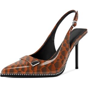 Soireelady Womens Slingback Heels Pointed Toe Stiletto High Heels Beaded Pumps Backless Stretch Metal Buckle 4 Inch Dress Shoes