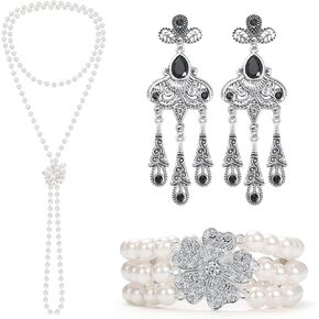 GHGMAO 1920s Pearl Jewelry Set Include Long Pearl Necklace and Earring Set Multilayer Pearl Bracelet Flapper Accessories for Women Girls