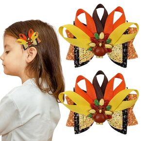 Autumn Maple Bow Hair Clips Maple Print Bow Clips Thanksgiving Hair Bow Clips Sliver Glitter Bow Alligator Clip Design Cute Fall Leaf Hairgrips for Festival Party Hair Accessories (Maple)