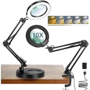 10X Magnifying Glass with Light and Stand, 5 Color Modes Stepless Dimmable 2-in-1 Lighted Magnifier with Clamp, LED Desk Lamp Hands Free for Craft Hobby Reading Painting Sewing Close Work