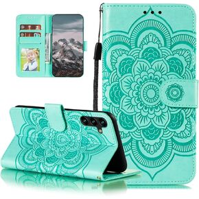 EYZUTAK Case for Samsung Galaxy A15 4G/5G, Premium Leather Magnetic Closure Flip Wallet Phone Case with Card Holder Cash Slot Stand Function Embossed Mandala Flower Slim Shockproof Lanyard Cover - Red