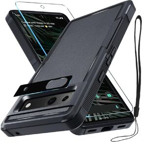 RMOCR Case for Google Pixel 9 Pro XL, Full Body Heavy Duty Rugged Shockproof Protective Phone Cover with Lanyard Strap, Tempered Glass Screen Protector and Camera Lens Cover, Black Matte