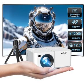 Mini Smart Projector, XGODY X2 Android 12 Portable HD Projector 12000L 1080P Support with WiFi and Bluetooth, Electric Focus/Keystone, Built-in Netflix, YouTube 8000+ APP, Tripod Included(Pearl White)