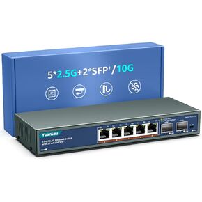 YuanLey 8-Port 10G Ethernet Switch, 6 x 10Gbps RJ45 Ports, 2X 10Gbe SFP+ Ports, Support 10G/5G/2.5G/1G/100Mbps Speed Auto-Negotiation, 160Gbps Switching Capacity, Unmanaged Switch Rackmountable