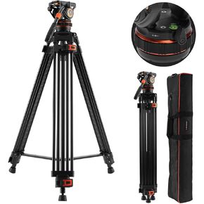 K&F Concept 75"/191cm Video Tripod, Heavy Duty Camera Tripod Stand with 360° Fluid Head Load up to 17.6lb/8kg, Quick Release Plate Compatible with Canon Nikon Sony and Other DSLR Camera Camcorder