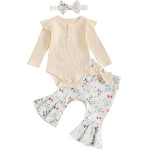 Emmababy Baby Girl Romper Flare Pants Set Ribbed Top Long Sleeve Bodysuit Ruffle Bowknot Sweater Floral Bell Bottoms Headband