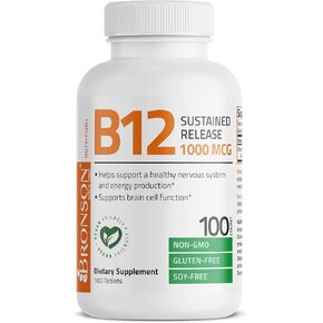Bronson Vitamin B12 1000 MCG (B12 Vitamin as Cyanocobalamin) Sustained Release Premium Non GMO Tablets Supports Nervous System, Healthy Brain Function and Energy Production, 180 Tablets