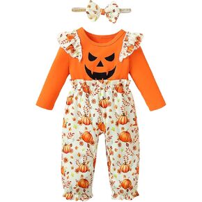 BIRTHDAY SHARK Baby Girl 1st Halloween Outfit Infant Girl Pumpkin Romper Baby Halloween Ruffle Clothes