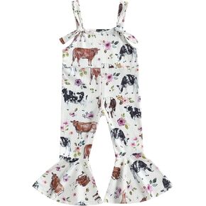 Emmababy Cow Print Toddler Bell Bottoms Romper Floral Overalls Baby Girl Sleeveless Halter Jumpsuit One Piece Western Clothes