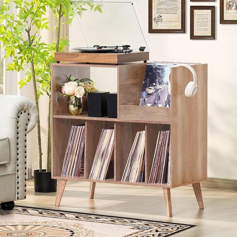 LELELINKY Large Record Player Stand, Turntable Stand with Storage, Vinyl Record Holder with Display Area, Record Player Table Holds Up to 300 Albums, Record Stand for Music Room Living Room-Oak in Saudi Arabia