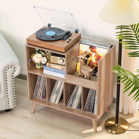 LELELINKY Large Record Player Stand, Turntable Stand with Storage, Vinyl Record Holder with Display Area, Record Player Table Holds Up to 300 Albums, Record Stand for Music Room Living Room-Oak in Saudi Arabia