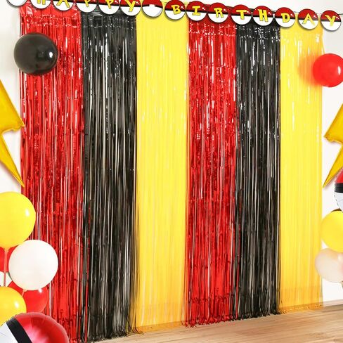 Cartoon Monster Birthday Party Decoration, 2 Pack Animation Themed Photo Booth Prop, Red Black Yellow Foil Fringe Curtains Tinsel Photo Streamers Backdrop for Cartoon Birthday Party Supplies in Saudi Arabia