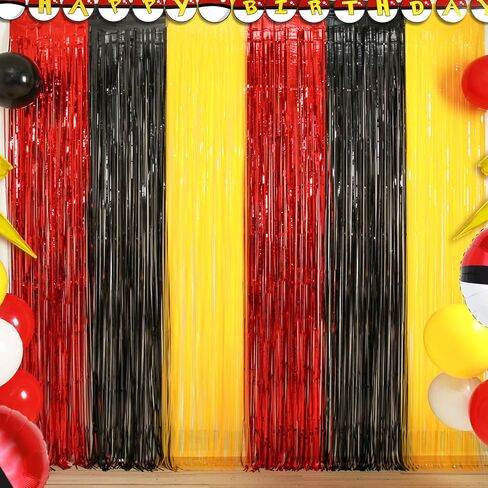 Cartoon Monster Birthday Party Decoration, 2 Pack Animation Themed Photo Booth Prop, Red Black Yellow Foil Fringe Curtains Tinsel Photo Streamers Backdrop for Cartoon Birthday Party Supplies in Saudi Arabia