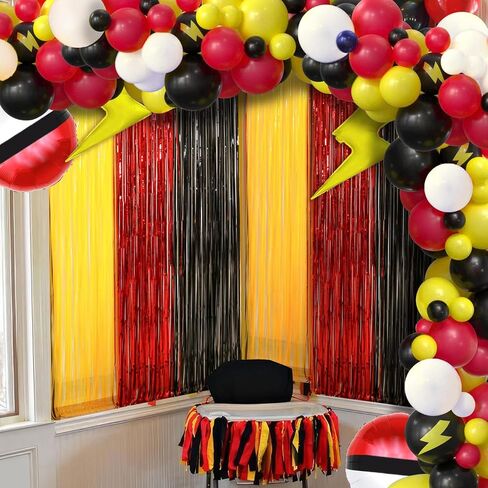 Cartoon Monster Birthday Party Decoration, 2 Pack Animation Themed Photo Booth Prop, Red Black Yellow Foil Fringe Curtains Tinsel Photo Streamers Backdrop for Cartoon Birthday Party Supplies in Saudi Arabia