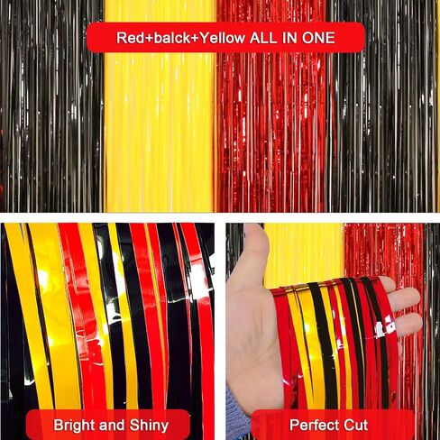 Cartoon Monster Birthday Party Decoration, 2 Pack Animation Themed Photo Booth Prop, Red Black Yellow Foil Fringe Curtains Tinsel Photo Streamers Backdrop for Cartoon Birthday Party Supplies in Saudi Arabia
