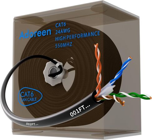 كابل إيثرنت Adoreen Bulk Cat 6 بطول 500 قدم أسود، صندوق سهل السحب، 24AWG صلب، 10 جيجابت في الثانية 550 ميجاهرتز، POE، ناعم ومرن وسلس وخالي من التشابك، كابل شبكة إنترنت UTP يعمل بطول FT in Kuwait