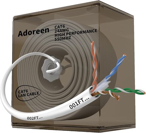 كابل إيثرنت Adoreen Bulk Cat 6 بطول 500 قدم أسود، صندوق سهل السحب، 24AWG صلب، 10 جيجابت في الثانية 550 ميجاهرتز، POE، ناعم ومرن وسلس وخالي من التشابك، كابل شبكة إنترنت UTP يعمل بطول FT in Kuwait