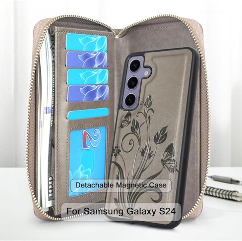 Lacass Wallet for Samsung Galaxy S24 6.2 inch 2024, Crossbody Dual Zipper Detachable Magnetic Leather Wallet Case Cover Wristlets Wrist Strap 13 Card Slots Money Pocket (Floral Cyan Green) in Saudi Arabia