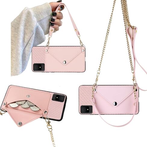 Crossbody Chain Phone Case for TCL K11 T432W, TCL K11 2024 Phone Case with Gold Shoulder Strap Detachable Lanyard, Back Wallet Faux PU Leather Credit Card Slots Holder Purse -Pink in Saudi Arabia