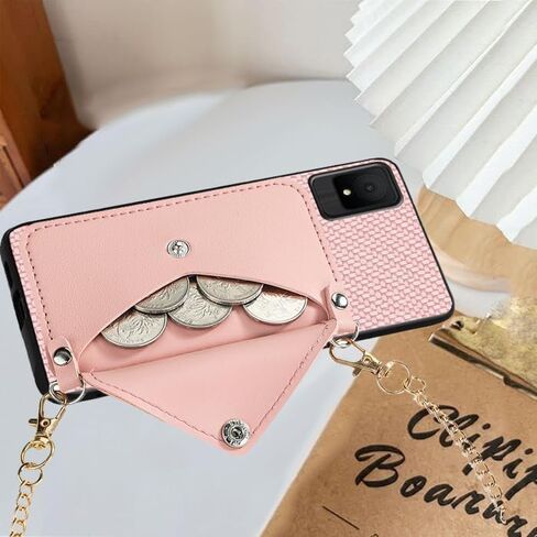 Crossbody Chain Phone Case for TCL K11 T432W, TCL K11 2024 Phone Case with Gold Shoulder Strap Detachable Lanyard, Back Wallet Faux PU Leather Credit Card Slots Holder Purse -Pink in Saudi Arabia