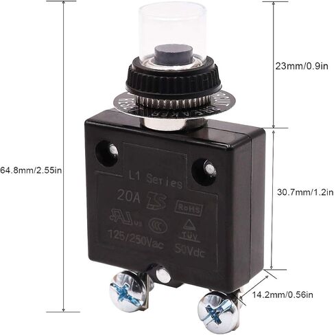 Tnisesm 3A Push Button Circuit Breaker 125/250V AC 50V DC, L1 Series Manual Reset Thermal Circuit Breaker with 19cm Wire Leads, 6.3mm Female Spade Terminals and Waterproof Button Transparent Cap in Saudi Arabia