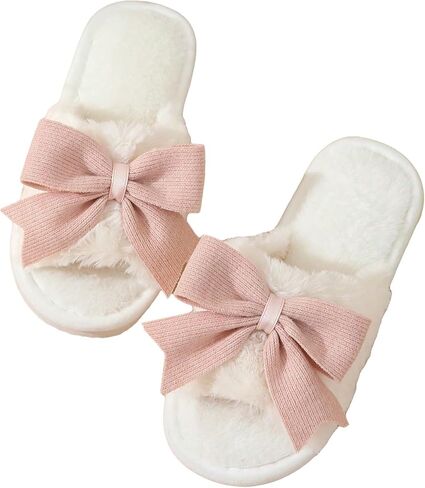 OYOANGLE Women's Cute Bow Decor Fuzzy Open Toe Indoor Home Slippers Fashionable Warm Comfy Furry Outdoor Slippers in Saudi Arabia