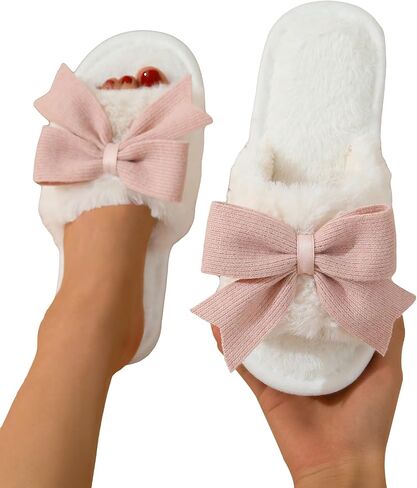 OYOANGLE Women's Cute Bow Decor Fuzzy Open Toe Indoor Home Slippers Fashionable Warm Comfy Furry Outdoor Slippers in Saudi Arabia
