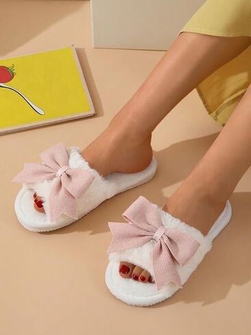 OYOANGLE Women's Cute Bow Decor Fuzzy Open Toe Indoor Home Slippers Fashionable Warm Comfy Furry Outdoor Slippers in Saudi Arabia