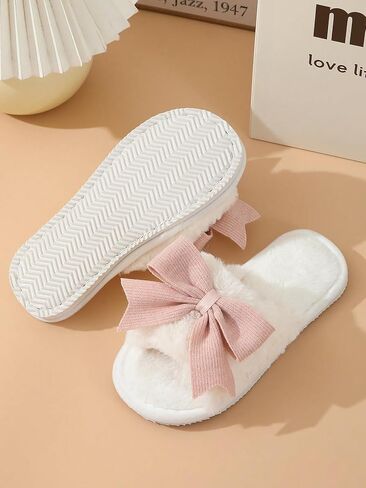 OYOANGLE Women's Cute Bow Decor Fuzzy Open Toe Indoor Home Slippers Fashionable Warm Comfy Furry Outdoor Slippers in Saudi Arabia