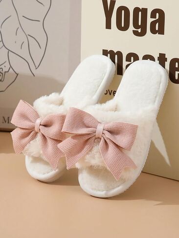 OYOANGLE Women's Cute Bow Decor Fuzzy Open Toe Indoor Home Slippers Fashionable Warm Comfy Furry Outdoor Slippers in Saudi Arabia
