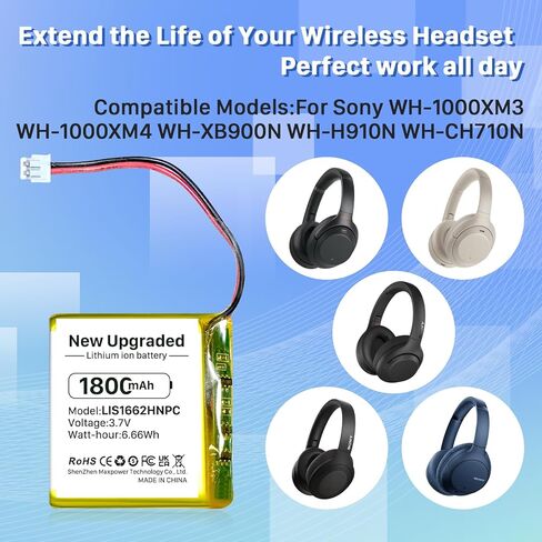 بطارية LIS1662HNPC، بطارية ليثيوم بوليمر عالية السعة 1800 مللي أمبير في الساعة بديلة لسوني WH-1000XM3 WH-1000XM4 WH-XB900N WH-H910N WH-CH710N سماعة رأس بلوتوث لاسلكية SM-03 SP 624038 مع أدوات إصلاح الأدوات in Kuwait