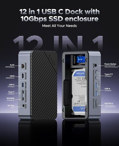 ORICO USB-C Docking Station with Dual Hard Drive Enclosure, 12-in-1 USB C Hub Fits M.2 NVMe/SATA SSD and 2.5/3.5 inch SSD, 10Gbps, 4K@60Hz HDMI, 100W PD, Card Readers, Ethernet - D35M2 in Saudi Arabia