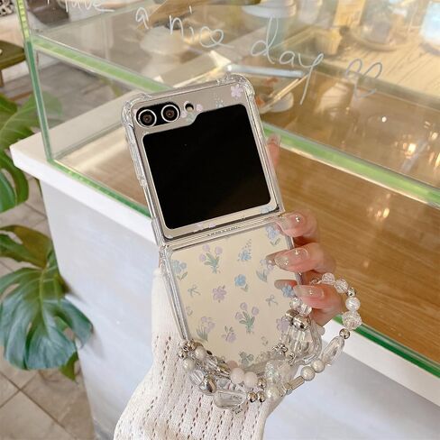 Mirror Case Compatible with Samsung Galaxy Z Flip 6 with Chain Accessories, Cute Cartoon Flowers Soft Shockproof Case for Z Flip 6 for Women, 3C-BC6-09149-Flowers in Saudi Arabia