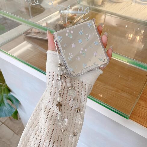 Mirror Case Compatible with Samsung Galaxy Z Flip 6 with Chain Accessories, Cute Cartoon Flowers Soft Shockproof Case for Z Flip 6 for Women, 3C-BC6-09149-Flowers in Saudi Arabia