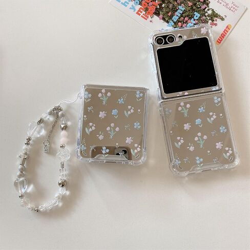 Mirror Case Compatible with Samsung Galaxy Z Flip 6 with Chain Accessories, Cute Cartoon Flowers Soft Shockproof Case for Z Flip 6 for Women, 3C-BC6-09149-Flowers in Saudi Arabia