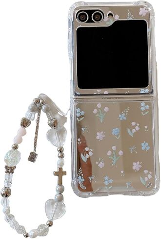 Mirror Case Compatible with Samsung Galaxy Z Flip 6 with Chain Accessories, Cute Cartoon Flowers Soft Shockproof Case for Z Flip 6 for Women, 3C-BC6-09149-Flowers in Saudi Arabia
