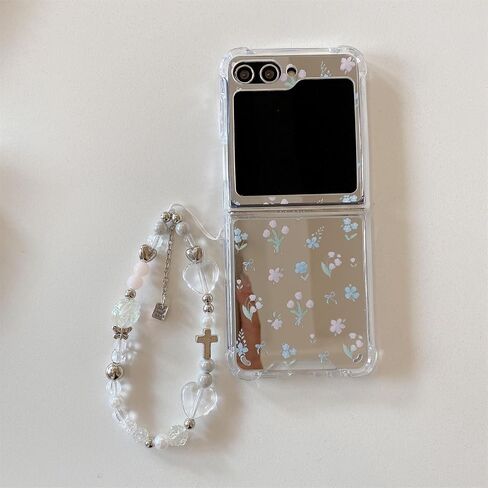 Mirror Case Compatible with Samsung Galaxy Z Flip 6 with Chain Accessories, Cute Cartoon Flowers Soft Shockproof Case for Z Flip 6 for Women, 3C-BC6-09149-Flowers in Saudi Arabia