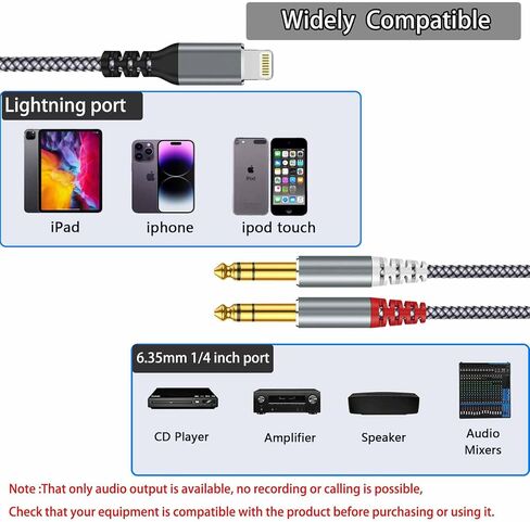 كابل صوت ستيريو Rliwov Lightning إلى Dual 1/4 بوصة، 4FT Lightning إلى Dual 6.35mm Stereo Y Splitter لجهاز i-Phone14/13/12 i-Pad، مكبر الصوت، مكبر الصوت، وحدة تحكم الخلط ملاحظة: لا ينطبق على التسجيل in Kuwait