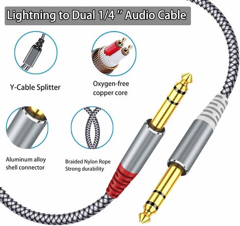 كابل صوت ستيريو Rliwov Lightning إلى Dual 1/4 بوصة، 4FT Lightning إلى Dual 6.35mm Stereo Y Splitter لجهاز i-Phone14/13/12 i-Pad، مكبر الصوت، مكبر الصوت، وحدة تحكم الخلط ملاحظة: لا ينطبق على التسجيل in Kuwait